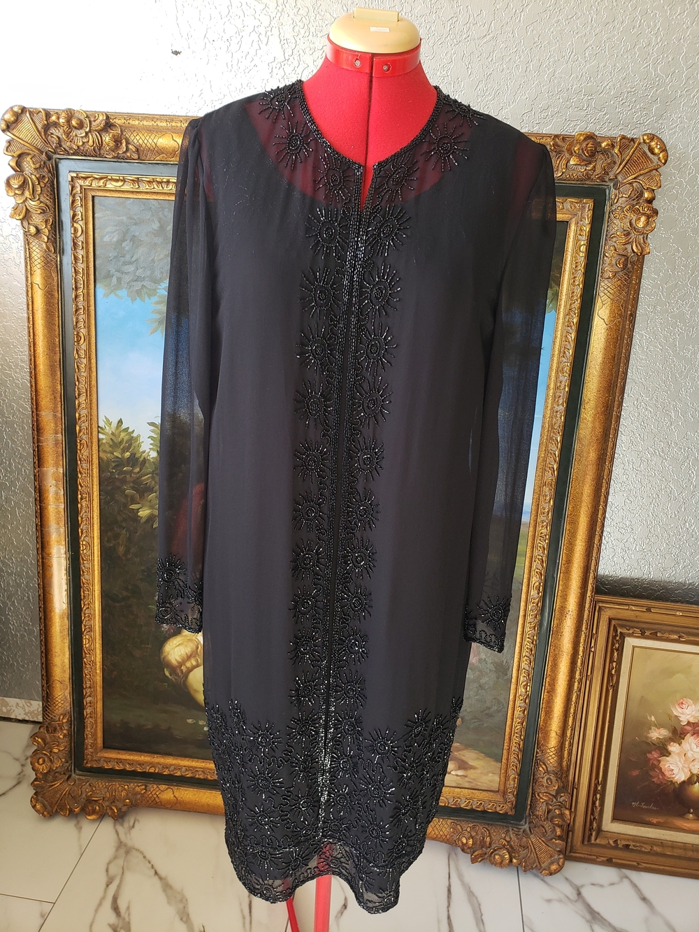 J Kara 2 Piece Black Beaded Sheer Overlay Long Sleeve Dress - Picture 1 of 5
